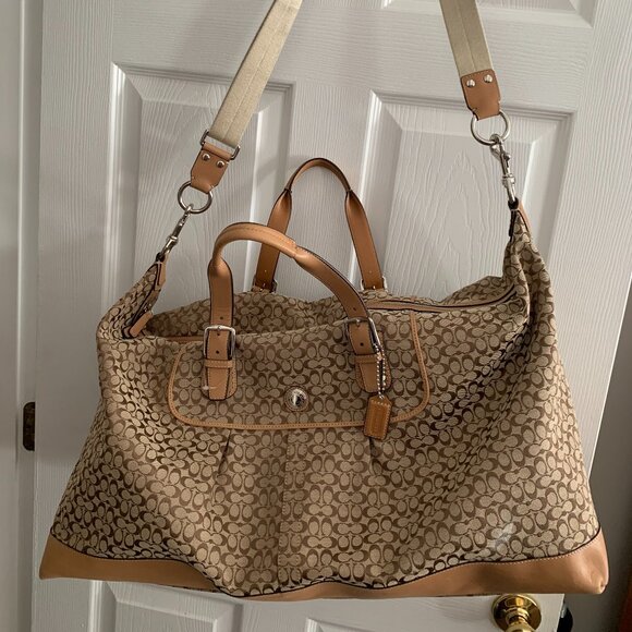 COACH Signature Tan and Brown Leather/Canvas Weekender Duffle with Toiletry Bag. - Picture 1 of 16